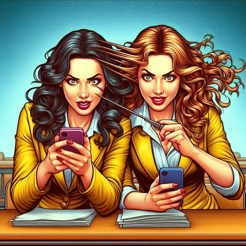 photorealistic, pop art, cartoon, Two twisted female teachers in Wisconsin forced out for texting student, trying to set up rendezvous