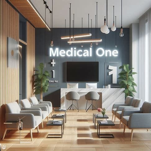 picture of a modern medical office waiting area with the name "MedicalOne". Image 1 of 4