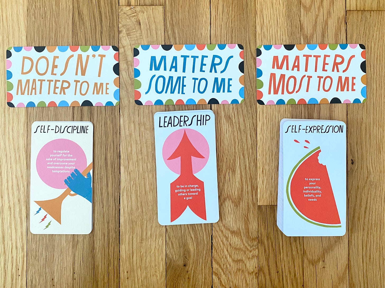 A photograph of colorful cards on a wooden floor. The top row has three cards that say "DOESN'T MATTER TO ME" "MATTERS SOME TO ME" and "MATTERS MOST TO ME." Below the first card is one that says Self-Discipline, below the second card is one that says Leadership, below the third card is one that says Self-Expression.