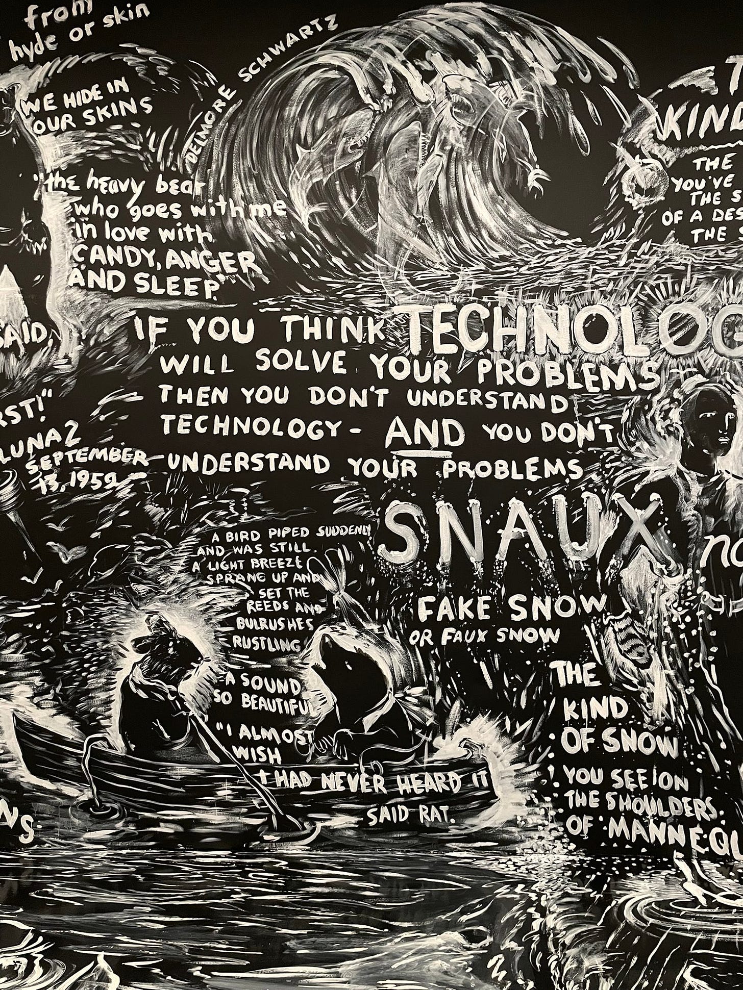 Image from Laurie Anderson’s piece “Four Talks”. Floors and walls of a room painted black with writing and images painted on top in white