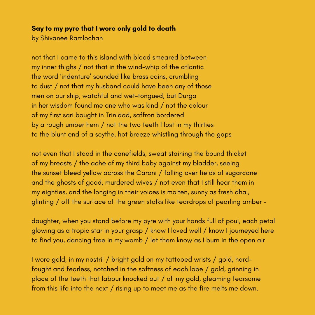 Say to my pyre that I wore only gold to death by Shivanee Ramlochan  not that I came to this island with blood smeared between my inner thighs / not that in the wind-whip of the atlantic the word ‘indenture’ sounded like brass coins, crumbling to dust / not that my husband could have been any of those men on our ship, watchful and wet-tongued, but Durga in her wisdom found me one who was kind / not the colour of my first sari bought in Trinidad, saffron bordered by a rough umber hem / not the two teeth I lost in my thirties to the blunt end of a scythe, hot breeze whistling through the gaps  not even that I stood in the canefields, sweat staining the bound thicket of my breasts / the ache of my third baby against my bladder, seeing the sunset bleed yellow across the Caroni / falling over fields of sugarcane and the ghosts of good, murdered wives / not even that I still hear them in my eighties, and the longing in their voices is molten, sunny as fresh dhal, glinting / off the surface of the green stalks like teardrops of pearling amber –  daughter, when you stand before my pyre with your hands full of poui, each petal glowing as a tropic star in your grasp / know I loved well / know I journeyed here to find you, dancing free in my womb / let them know as I burn in the open air  I wore gold, in my nostril / bright gold on my tattooed wrists / gold, hard- fought and fearless, notched in the softness of each lobe / gold, grinning in place of the teeth that labour knocked out / all my gold, gleaming fearsome from this life into the next / rising up to meet me as the fire melts me down.