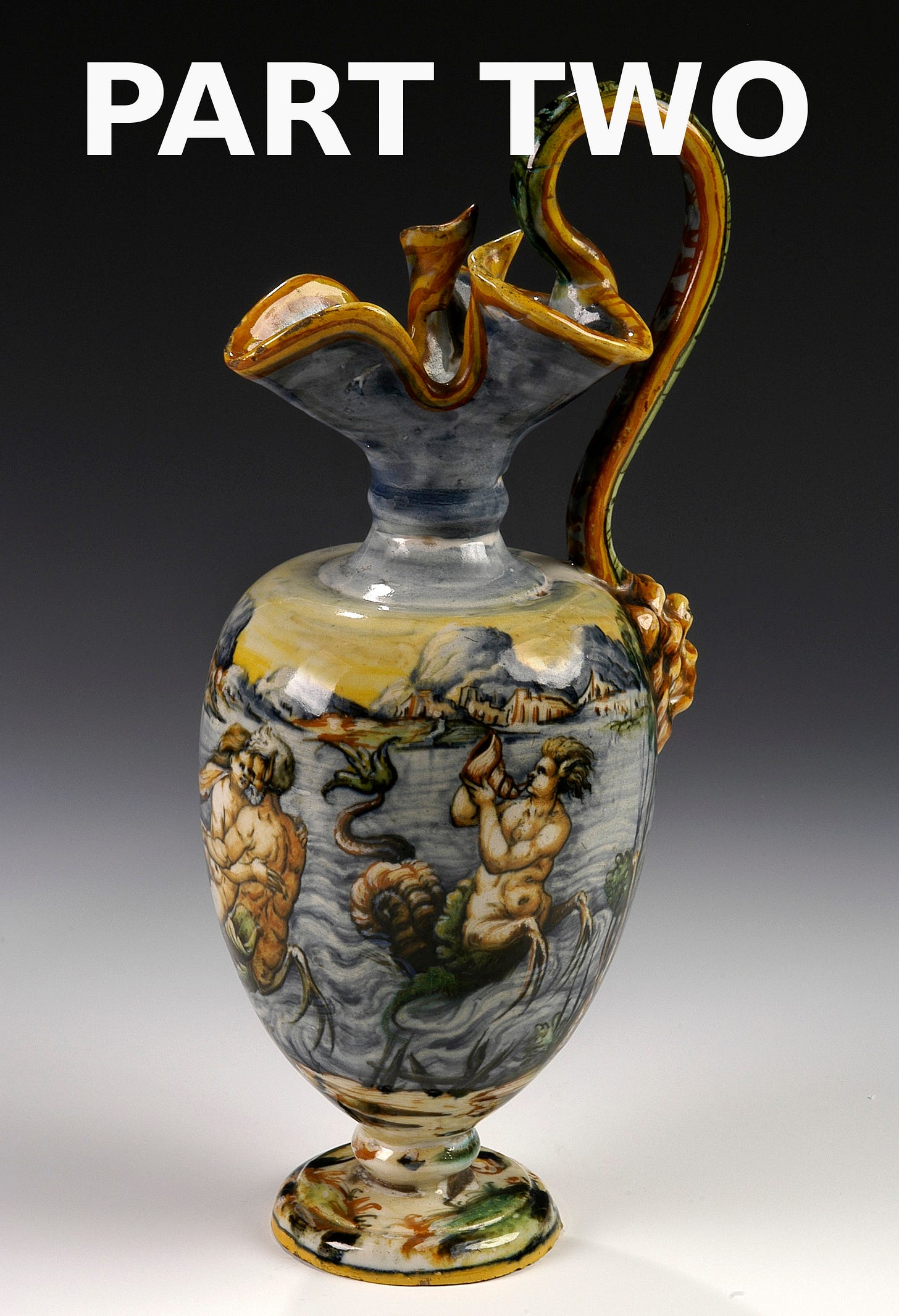 A gray-blue water pitcher with a Roman mythical creature, half man, half sea serpent with a one inch band of creamy yellow representing the sky. The Brasile men created maiolica pottery until its popularity was replaced by ceramics. Then two of the family members left to find better markets and ended up in Acerra. From there, Brasile family members went to Chicago in search of more opportunities. A gray-blue water pitcher with a Roman mythical creature, half man, half sea serpent with a one inch band of creamy yellow representing the sky. The Brasile men created maiolica pottery until its popularity was replaced by ceramics. Then two of the family members left to find better markets and ended up in Acerra. From there, Brasile family members went to Chicago in search of more opportunities.
