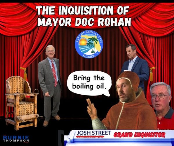 May be an image of 4 people and text that says 'THE INQUISITION OF MAYOR DOC ROHAN OF PANAMA FLORIDA Bring the boiling oil. BURNIE THOMPSON JOSH STREET GRAND INQUISITOR DOMIMISSIONER'