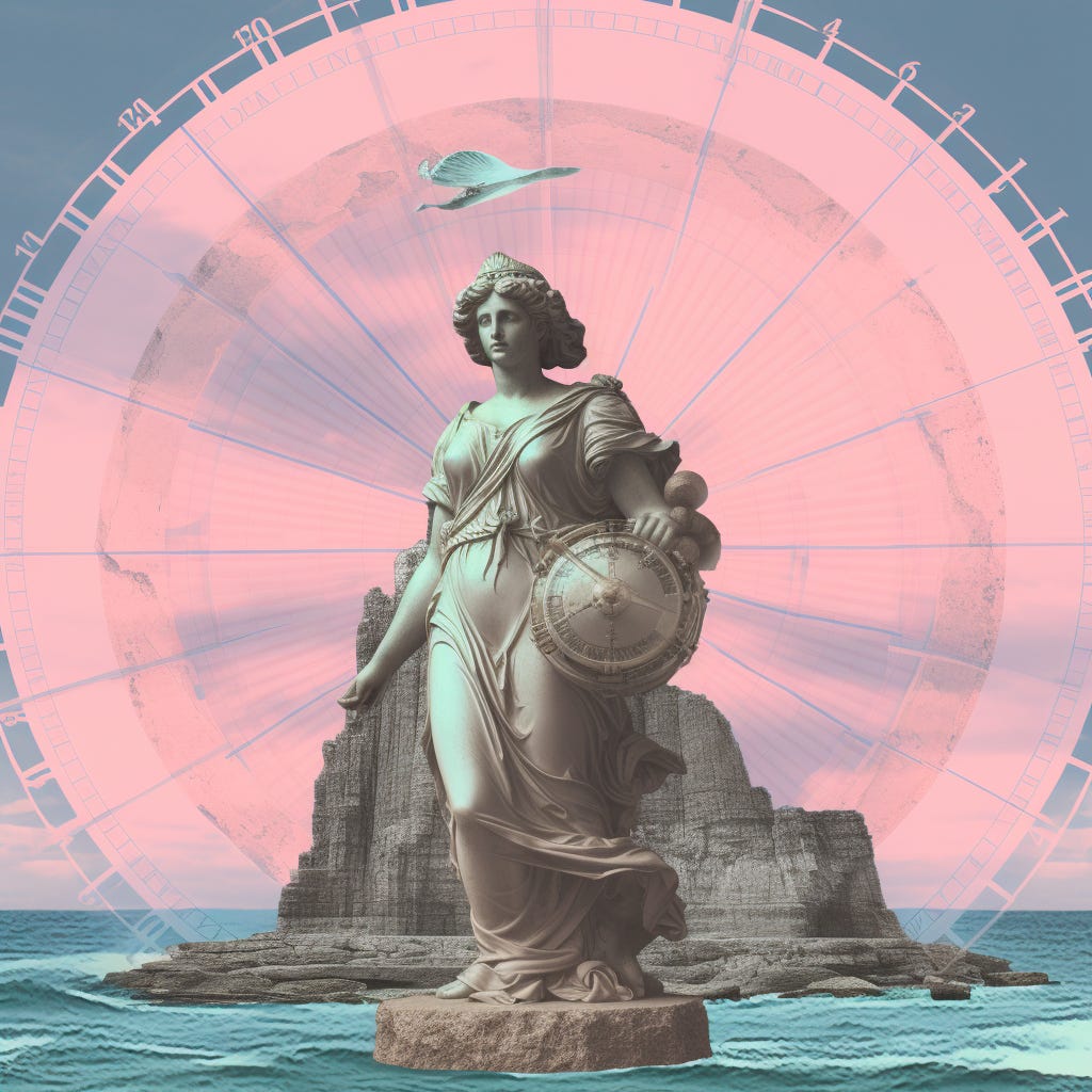 Vaporwave-style collage depicting a statue of the goddess Athena. In the midground an impressive stone formation stands against the sea. In the background a compass is overlaid against the sky.