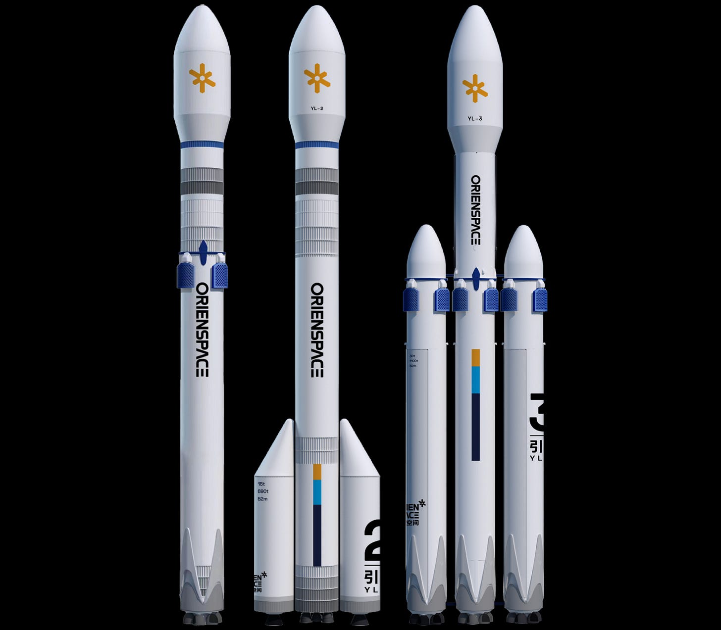 Gravity-2’s single-core variant (left), Gravity-2’s solid booster variant (center), and Gravity-3 (right). Gravity-2’s single-core variant (left), Gravity-2’s solid booster variant (center), and Gravity-3 (right).