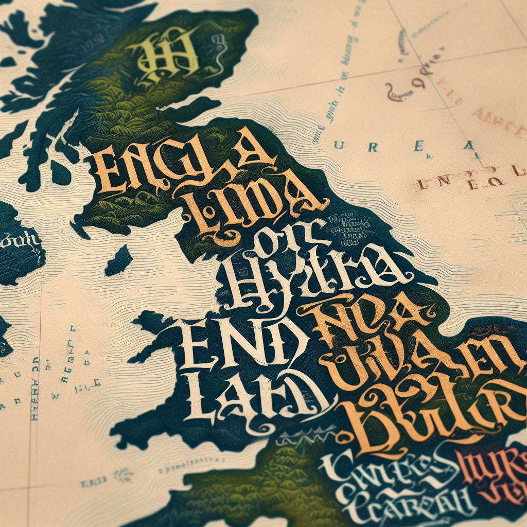 A map of Britain with Old English-looking text superimposed over it. The text is written in Textura script and spells out the names of the regions and cities in Old English, such as Engla land, Norþhymbra, Lunden, and Cantwaraburh. The map is colored in shades of green, brown, and blue, and shows the rivers, mountains, and coastlines of Britain. The map has a vintage and historical look.