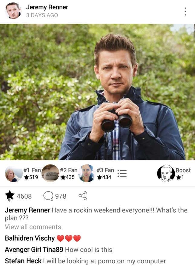 Image for article titled I Broke The Official Jeremy Renner App By Posting The Word &quot;Porno&quot; On It
