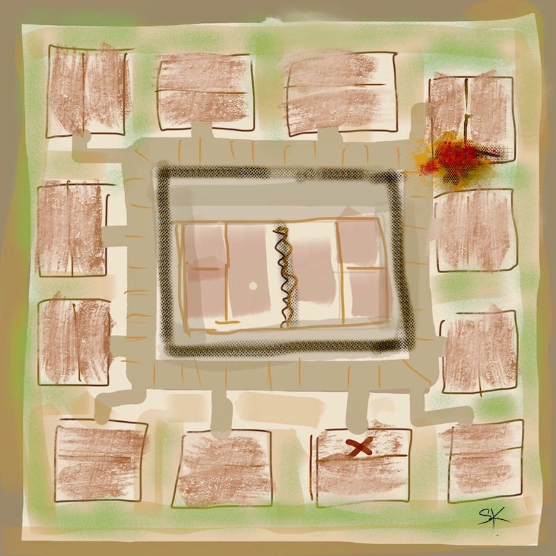Sketch by Sherry Killam Art showing layout of a housing compound in west Texas.