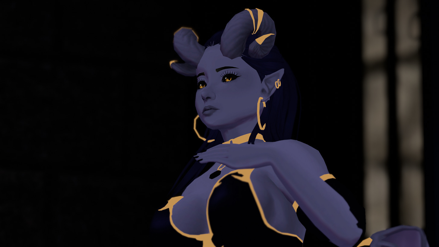 A blue demon woman avatar looks off in the distance, her hand on her chest. She has gold accents and horns.