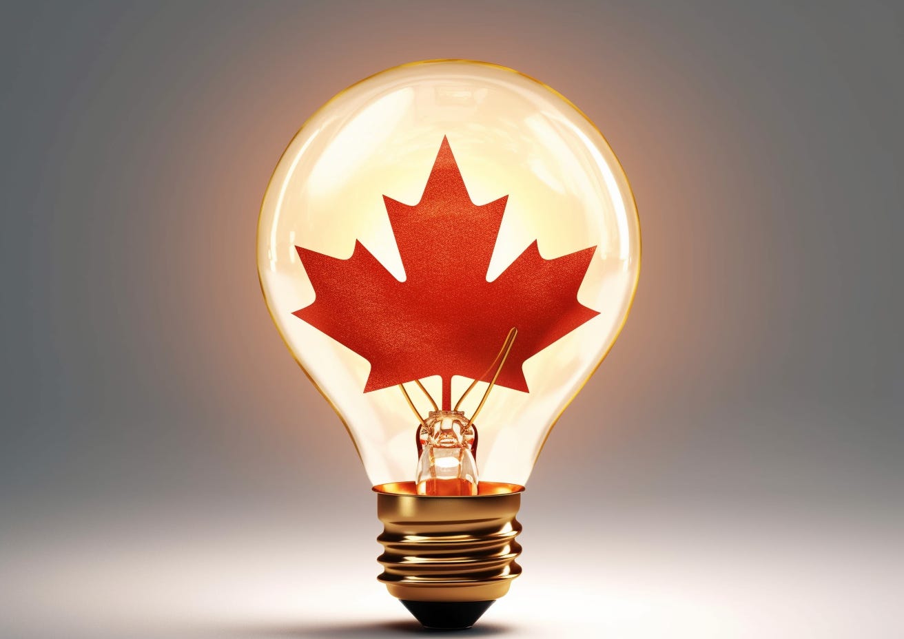 A glowing lightbulb, with a red maple leaf instead of an element, representing innovative Canadian ideas