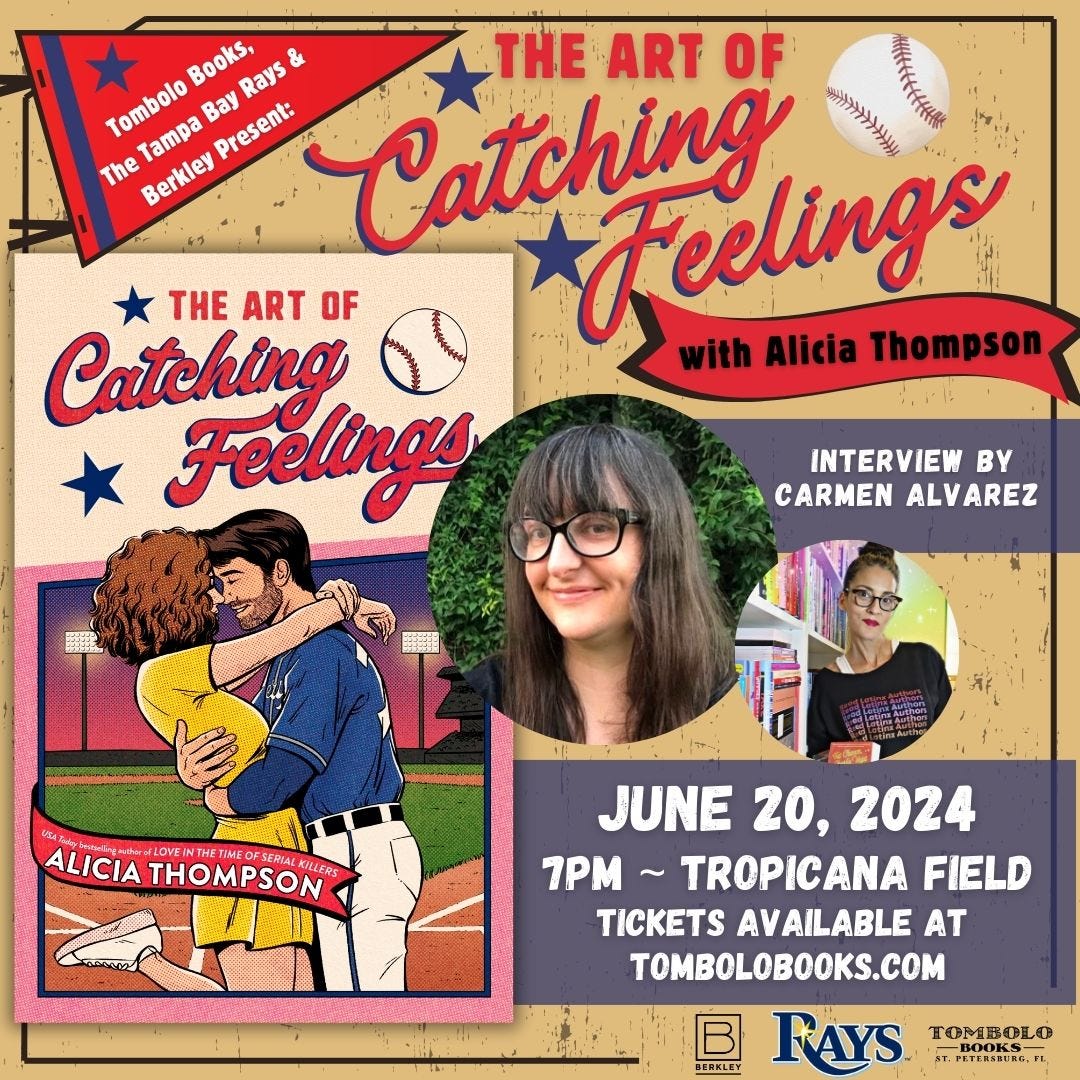 Graphic showing details for the launch event for THE ART OF CATCHING FEELINGS to be held on 6/20 at 7pm at Tropicana Field, in conversation with Carmen Alvarez.