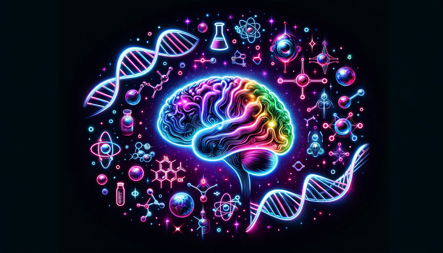 A digital, neon-lit artwork depicting Artificial Intelligence integrating with biology, chemistry, and physics. This modern and catchy art style should feature a central AI brain glowing with neon lights, surrounded by dynamic, colorful imagery of DNA helices, molecular structures, and physics symbols like atoms and quantum particles. The background is a deep, rich black to make the neon colors pop, creating a visually striking and contemporary feel, ideal for capturing attention in a digital format.