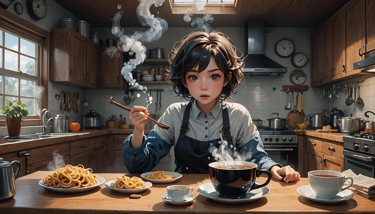 Girl sitting at breakfast table with steaming cup