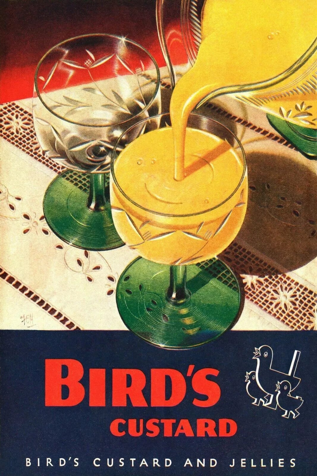 Advert for Bird's Custard being poured into glasses