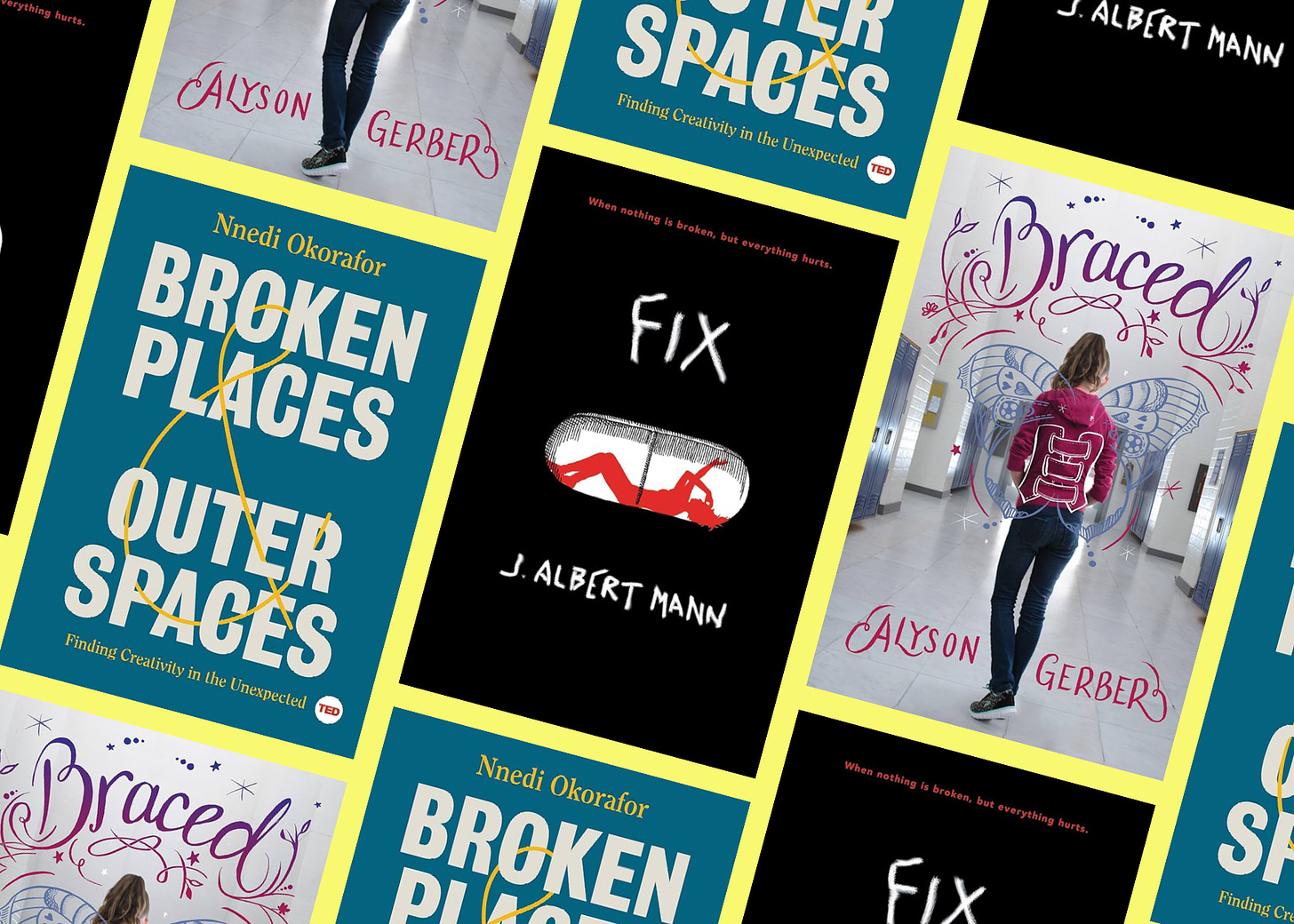 A grid of books about scoliosis: Broken Places and Outer Spaces, Fix, and Braced.