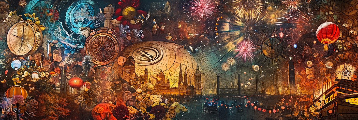This is a panoramic image with a collage of various elements and scenes. On the left, there are oversized clocks, compasses, and hot air balloons amidst a backdrop of flowers and celestial bodies. In the center, the scene transitions into a cityscape with architectural structures, a large, cracked egg, and a plate with a few eggs on it. To the right, the scene shifts to a night-time city view with fireworks, glowing orbs, and a hot air balloon. The entire image has a whimsical, steampunk aesthetic with a warm color palette dominated by browns, oranges, and yellows, giving it an aged, vintage look.