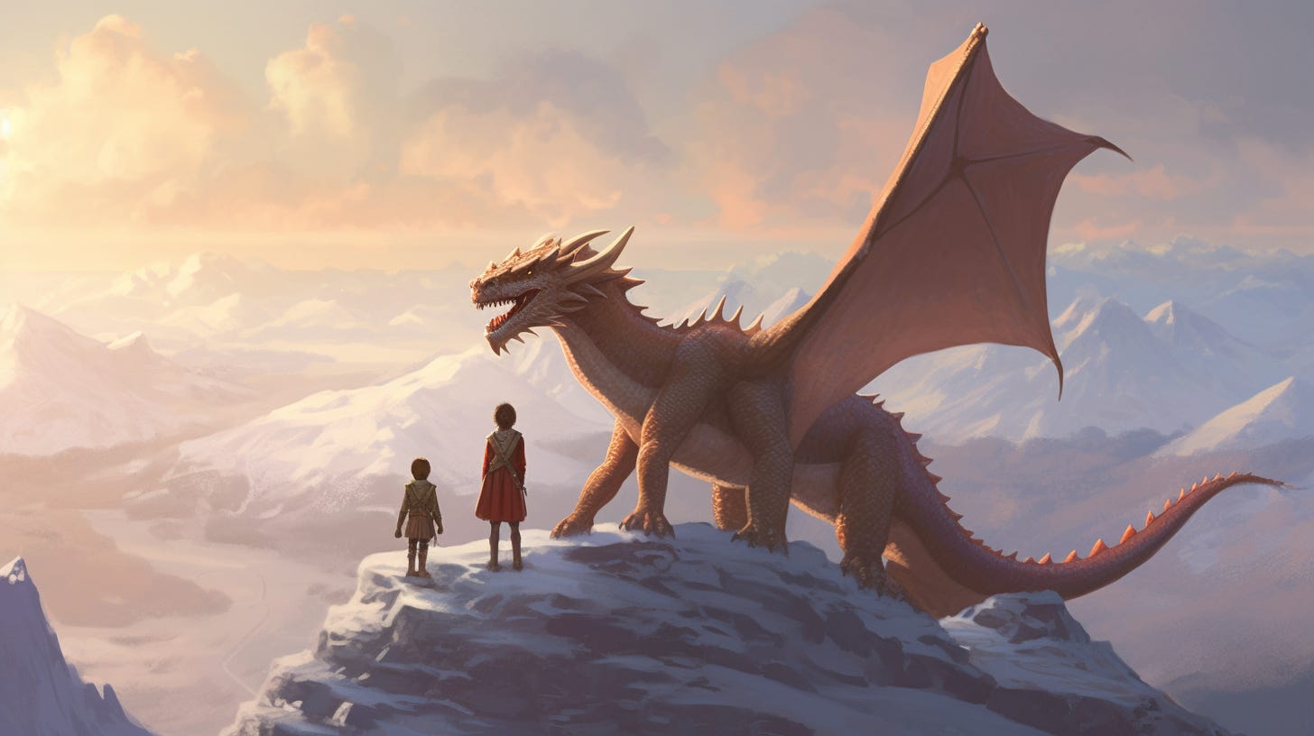 Image of two children with a dragon atop a mountain at sunrise.