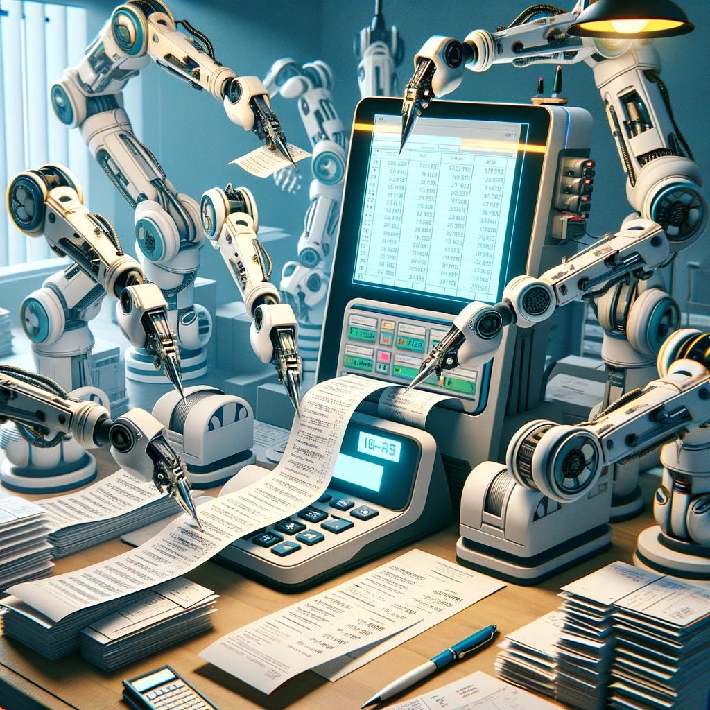 A futuristic machine with multiple robot arms, each equipped with different tools, efficiently working on filing an expense report. The scene is set in an office environment, with one of the arms holding a pen, filling out a paper form, while another arm operates a calculator. Other arms are sorting through receipts and documents, organizing them neatly. The machine's central unit displays a screen with an open spreadsheet, indicating the calculation of expenses. The office background is filled with typical supplies like a computer, desk lamp, and stacks of paper.