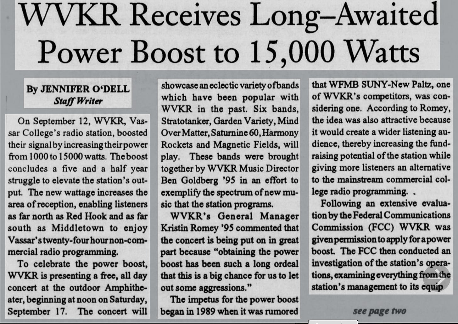 WVKR Receives Long-Awaited Power Boost to 15,000 Watts | screenshot of the Vassar College Miscellany news--transcript in the link: https://newspaperarchives.vassar.edu/?a=d&d=miscellany19940916-01.2.2&e=-------en-20--1--txt-txIN--------