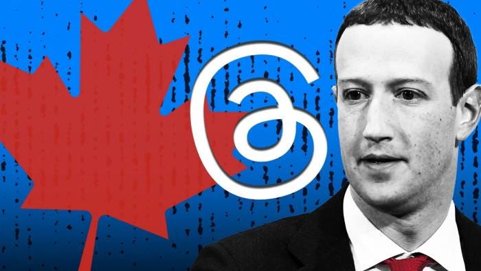 Montage showing Mark Zuckerberg, Canada’s maple leaf and Threads logo