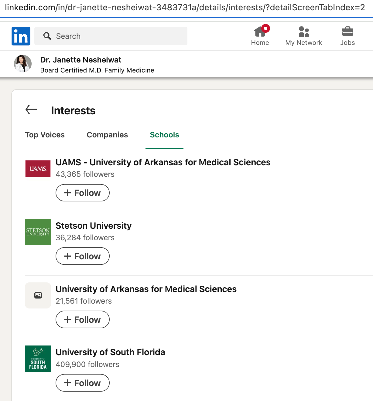 Screenshot of Nesheiwat's verified LinkedIn profile, where under schools she lists UAMS and not AUC, from which she obtained her medical degree.