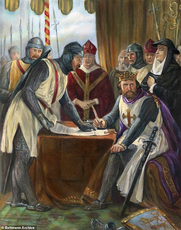 King John is shown signing the Magna Carta (1215). Undated illustration, after a painting by Chappel