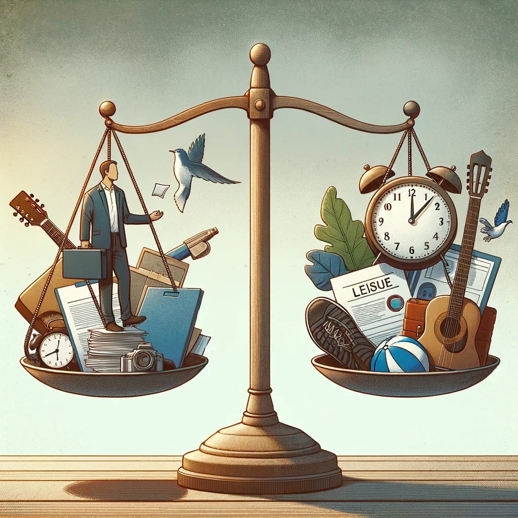 A conceptual illustration highlighting the idea of burnout prevention through balancing work and leisure activities. The image shows a person standing on a balancing scale, with one side filled with work-related items like a computer, documents, and a clock, and the other side filled with leisure items like a guitar, hiking boots, and a beach ball. The person is holding both sides, trying to keep the scale balanced. The background is a calm, neutral setting to emphasize the importance of balance in mental health.