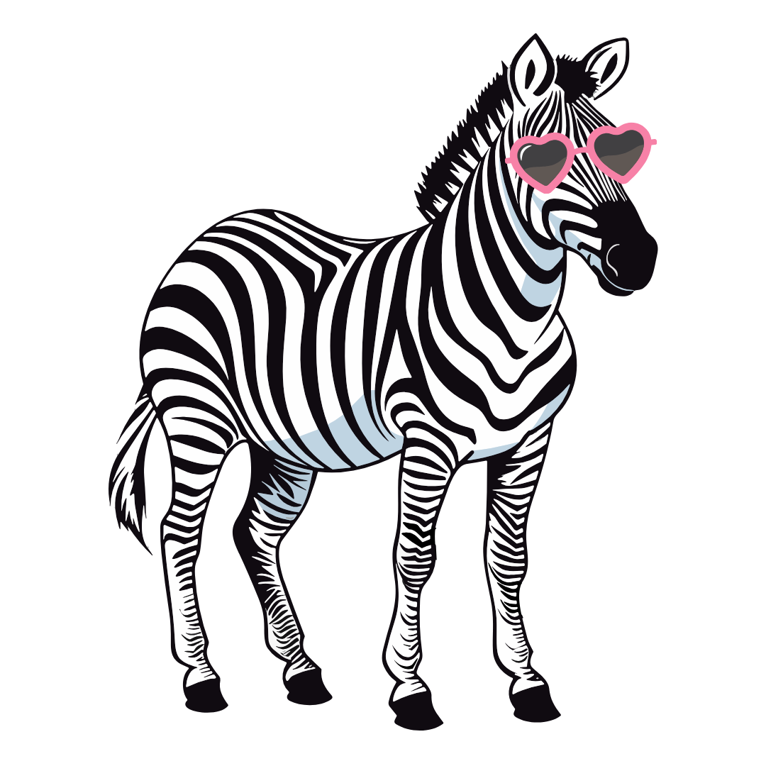 An illustration of a zebra with pink heart sunglasses on