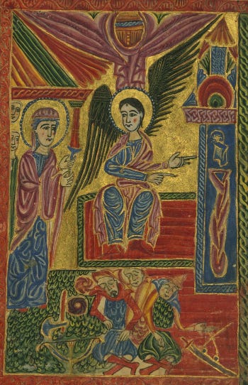 A richly painted page from a medieval Armenian manuscript showing women with burial spices at Christ's tomb