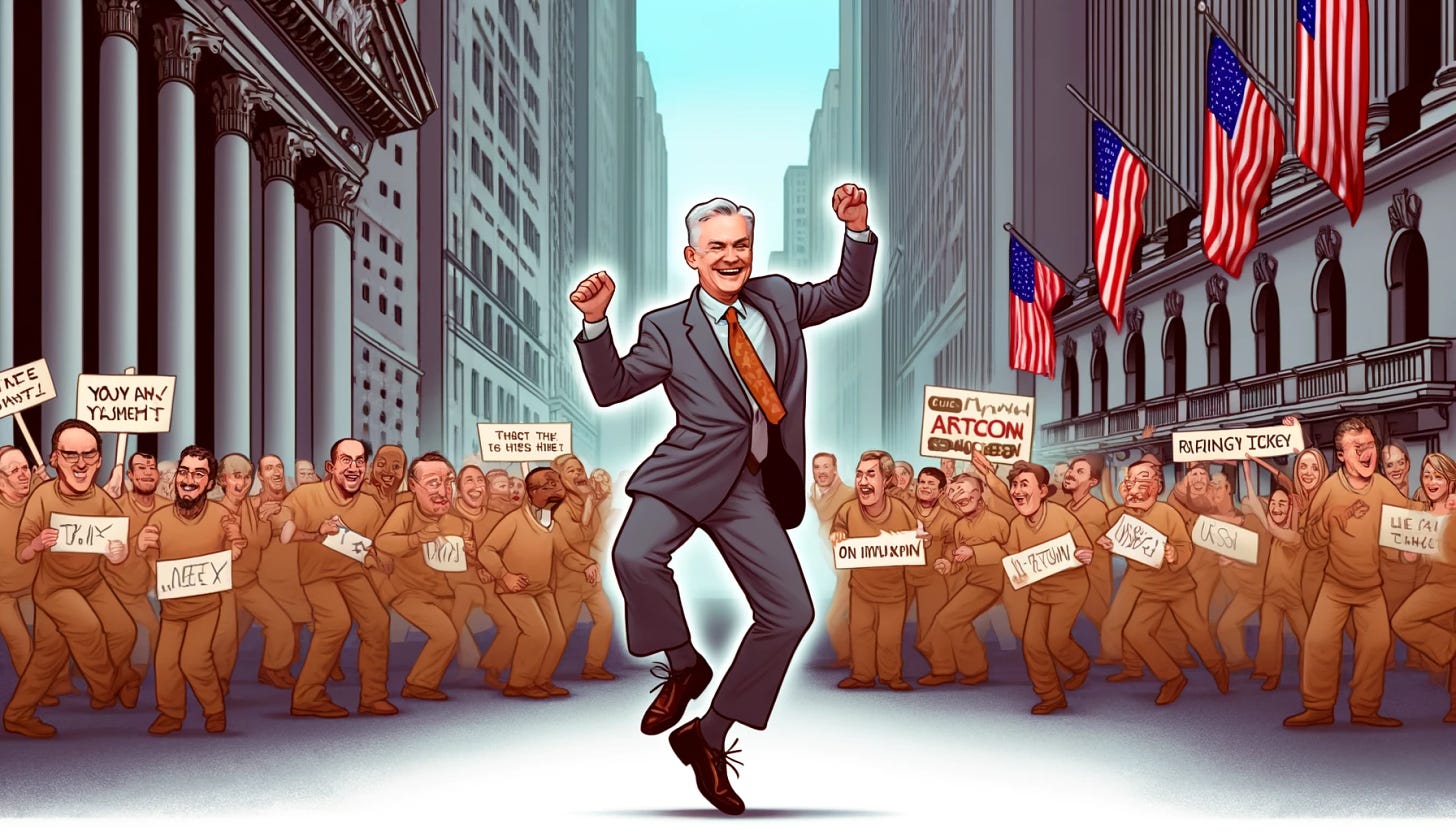 Jerome Powell dancing joyfully on Wall Street, surrounded by worried people holding signs about inflation. The scene should capture the contrast between Powell's carefree attitude and the anxious crowd. Wall Street buildings in the background, with stock tickers and financial symbols visible.