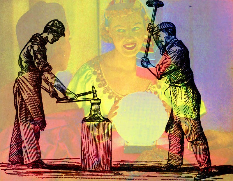 Combined image of a crystal ball and two blacksmiths at work.