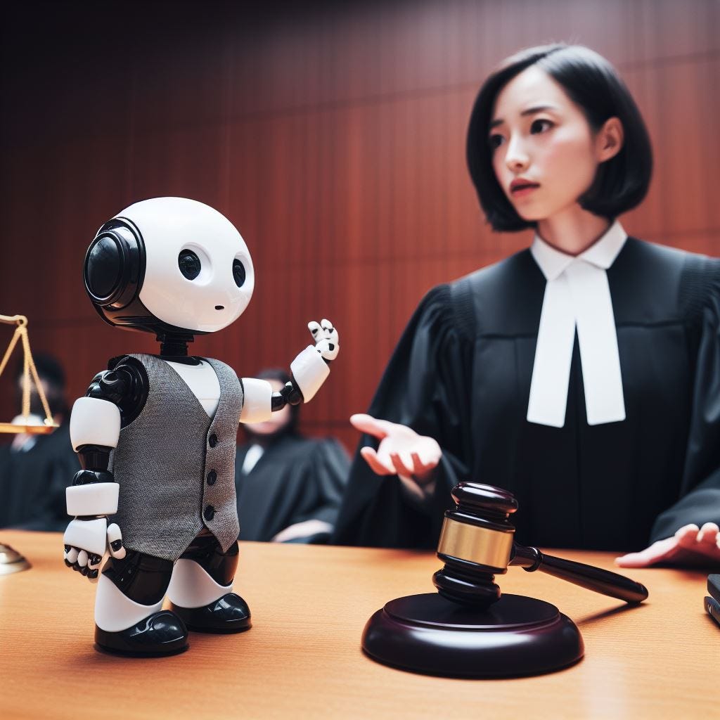 an editorial photo of an adorable humanoid robot attourney arguing a case in court, shot on a fujifilm pro 400
