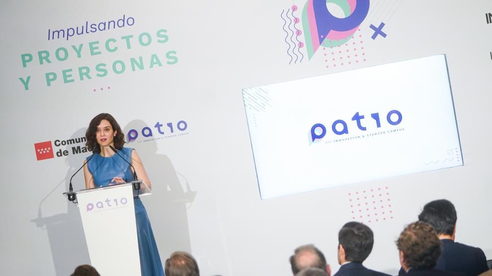La presidenta Isabel Díaz Ayuso, este jueves, en la presentación del proyecto 'Patio', un campus de emprendimiento e innovación.