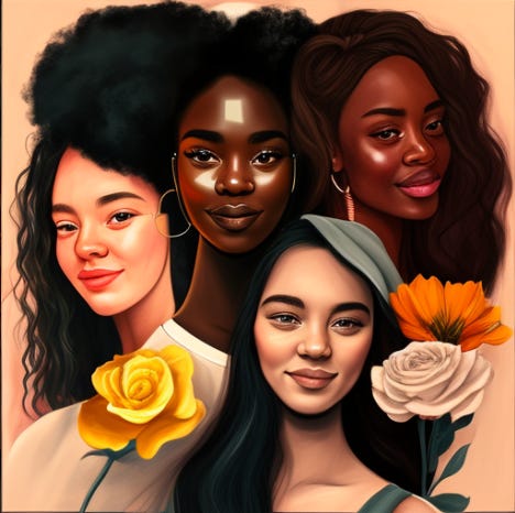 4 mulheres, sorrindo, com flores como adornos na lapela