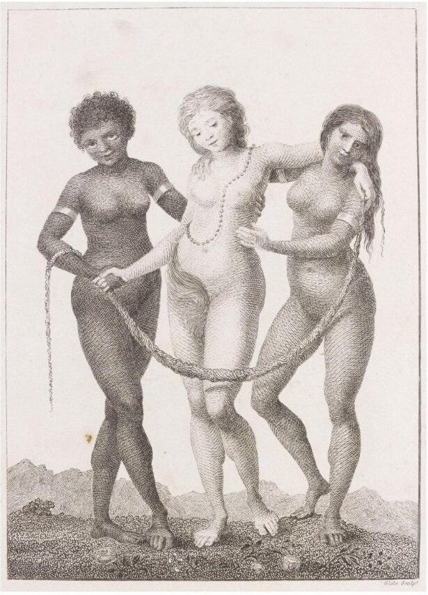 Three standing women, with two darker skinned women on either side of a paler one, supporting the latter. The African (left) and American (right) women have metal bands on their arms; all three are linked with a garland, and their postures echo traditional European Renaissance iconography signifying grace and elegance.