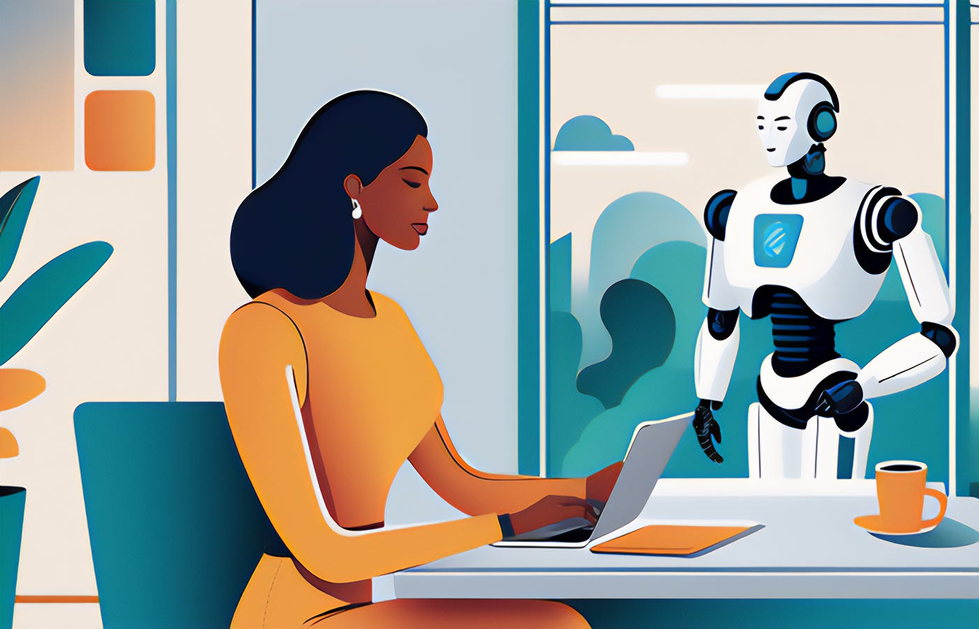 An illustration of a friendly robot standing near a woman typing on a laptop