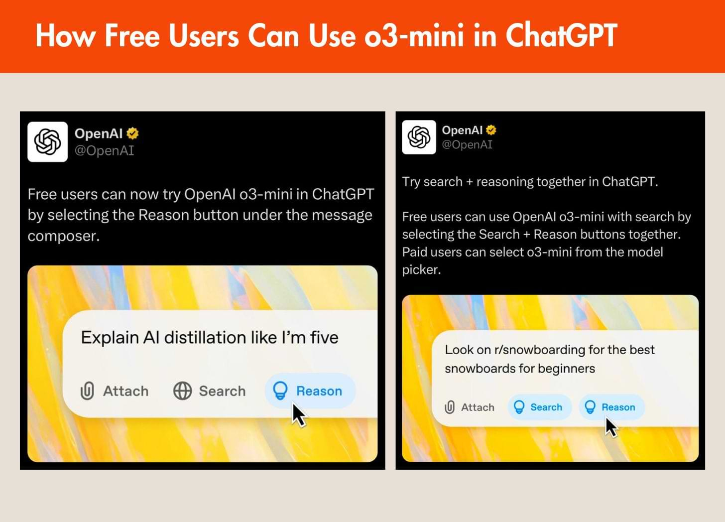 A two-panel graphic titled "How Free Users Can Use o3-mini in ChatGPT." The left panel shows a tweet from OpenAI explaining that free users can access o3-mini by selecting the "Reason" button. The right panel shows another tweet stating free users can combine "Search" and "Reason" buttons, while paid users can select o3-mini from the model picker.