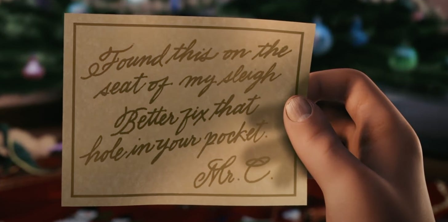 A close up of Santa's letter at the end of The Polar Express.