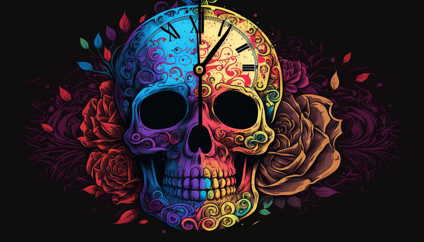 death clock, colorful dia de los muertos style,