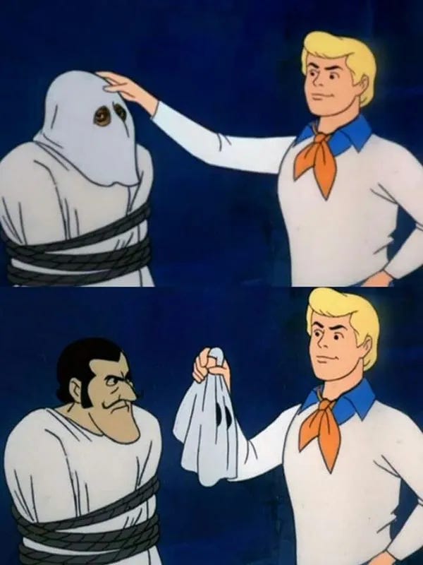 Freddy from the Scooby-Doo cartoon is standing in front of a ghost in the first photo, in the second he has triumphantly taken a mask off the ghost to reveal it is a moustached man wearing a ghost costume