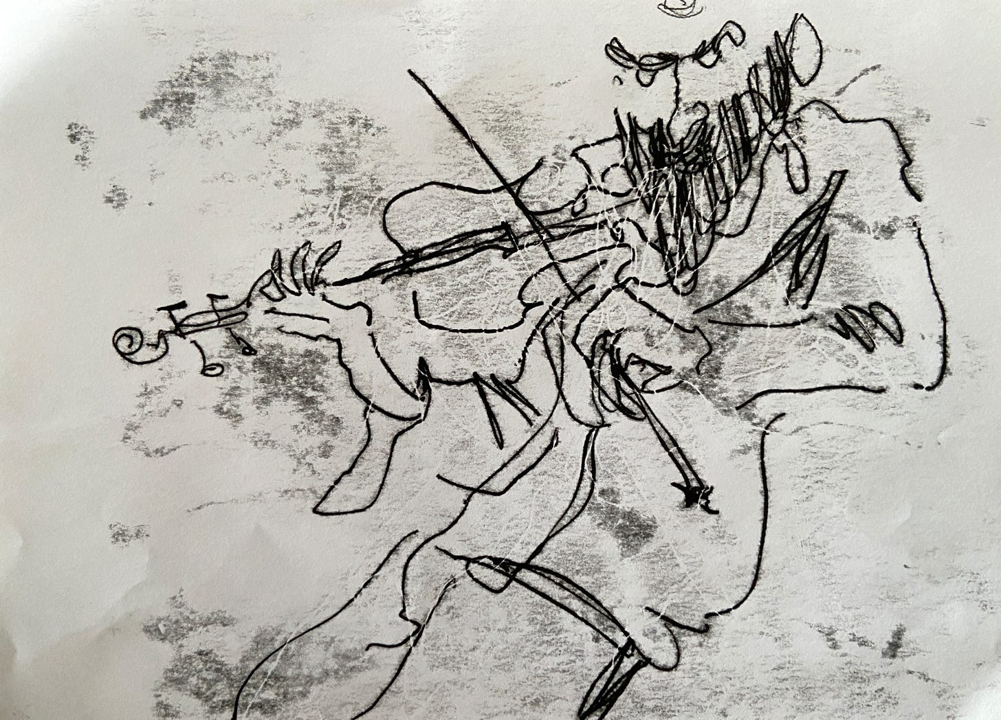 monoprint of musician and composer Warren Ellis playing the violin by illustrator Nanette Regan