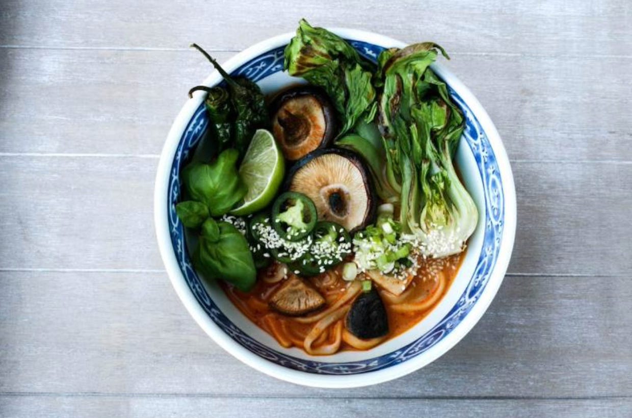 Thai noodle soup with vegetables and udon noodles