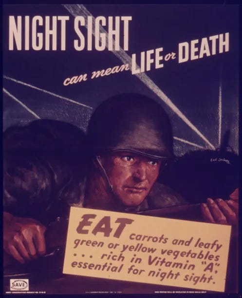 Uno de los muchos anuncios que aparecieron durante la Segunda Guerra Mundial que fomentaban el consumo de zanahorias para ayudar a ver durante los apagones.