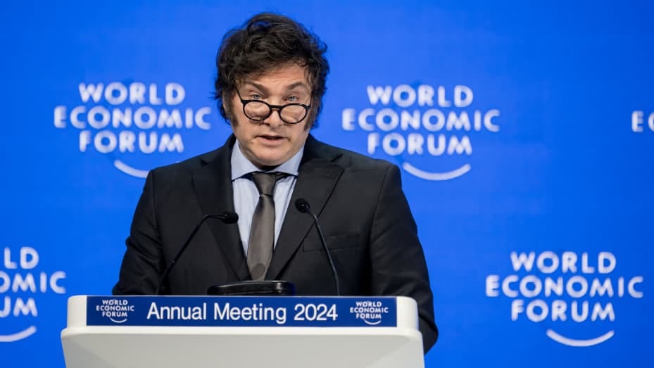 Argentina's President Javier Milei delivers a speech at the World Economic Forum (WEF) meeting in Davos on January 17, 2024. (Photo by Fabrice COFFRINI / AFP) (Photo by FABRICE COFFRINI/AFP via Getty Images)
