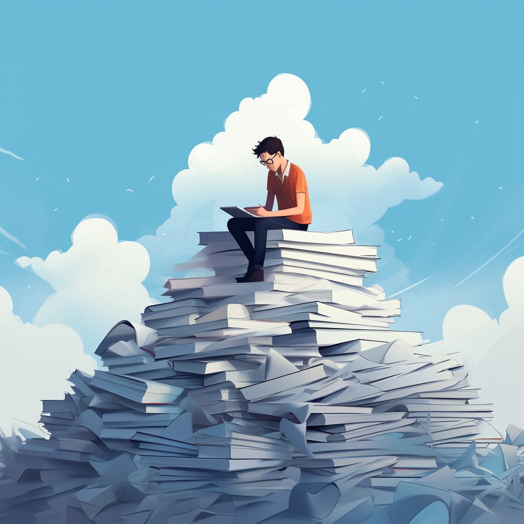 Ai generated illustration of a person sitting on a mountain of job applications against a bright blue sky