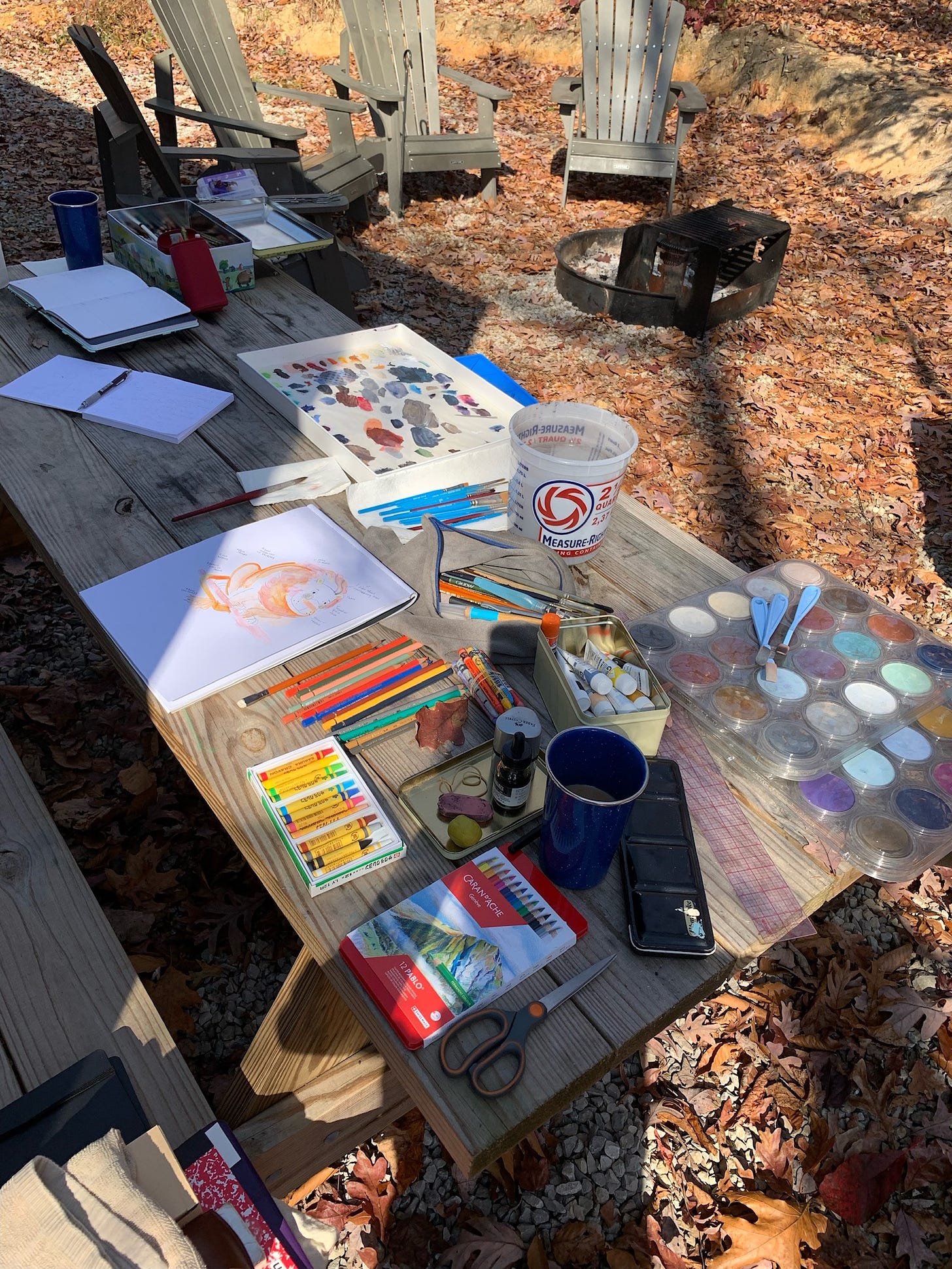 illustration and art supplies set up on a picnic table for an art retreat Kayla Stark and Vivien Mildenberger