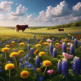 A Texas scene: cattle upon a wildflower prairie with towering clouds adorning the beauty