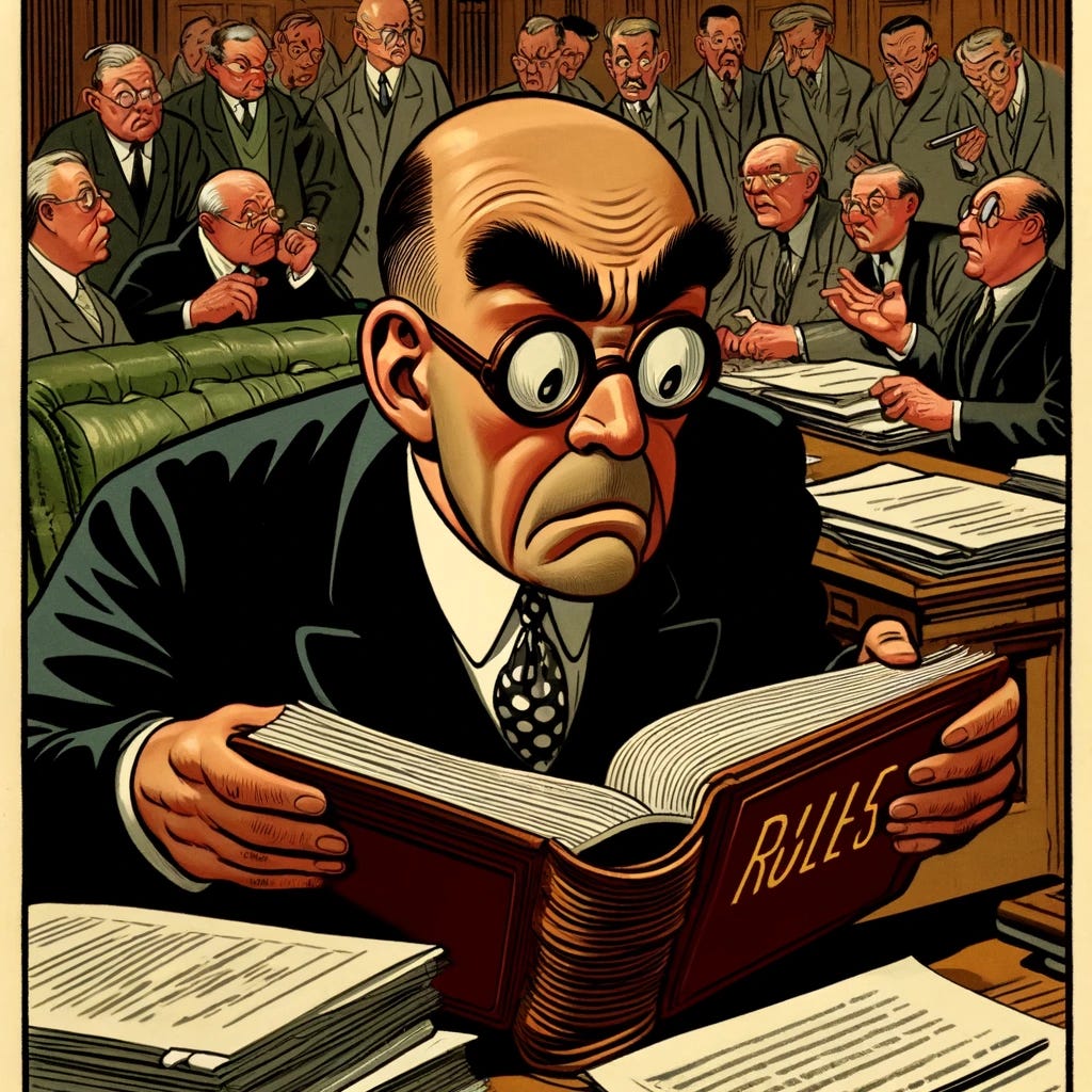 A 1930s style cartoon depicting a parliamentarian in a heated meeting, anxiously looking up rules in a large book. The character features a large, bald head, bushy eyebrows, and round glasses, with an expression of worry rather than anger. They are seated at a cluttered table surrounded by scattered papers, with other members arguing in the background. The scene is rendered in bold lines and simplistic colors, typical of vintage cartoons, emphasizing the character's anxiety in the chaotic environment.