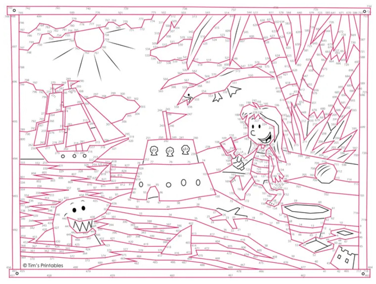 Completed connect-the-dots puzzle showing a beach scene with a pirate ship, treasure chest, and sandcastle—used in the Beating the Tide investment newsletter to illustrate mosaic theory and the importance of connecting data points in deep-dive stock investing strategies.