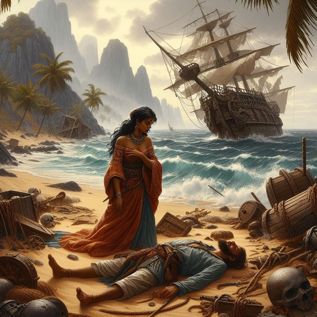 a medieval carribean woman discovering a shipwreck with a sleeping man on an empty beach, dungeons and dragons fantasy drawing